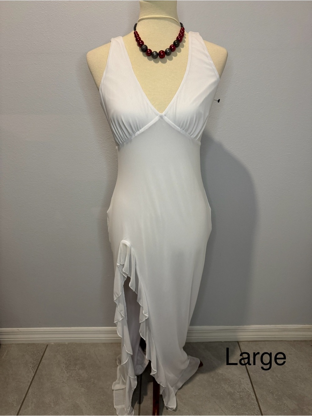 White Ruffle-Hem V-Neck Women's Dress